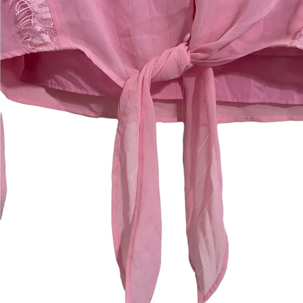 WAYF Pink Lace Trim Knotted Long Sleeve Blouse I Size: M - Picture 7 of 13
